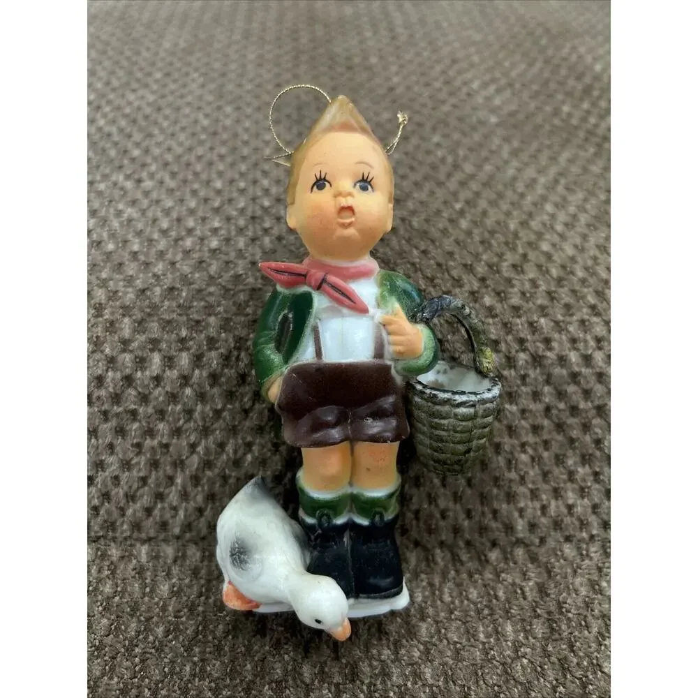 Vintage‎ Plastic Christmas Tree Ornament Singing Boy With Duck Carrying Basket
